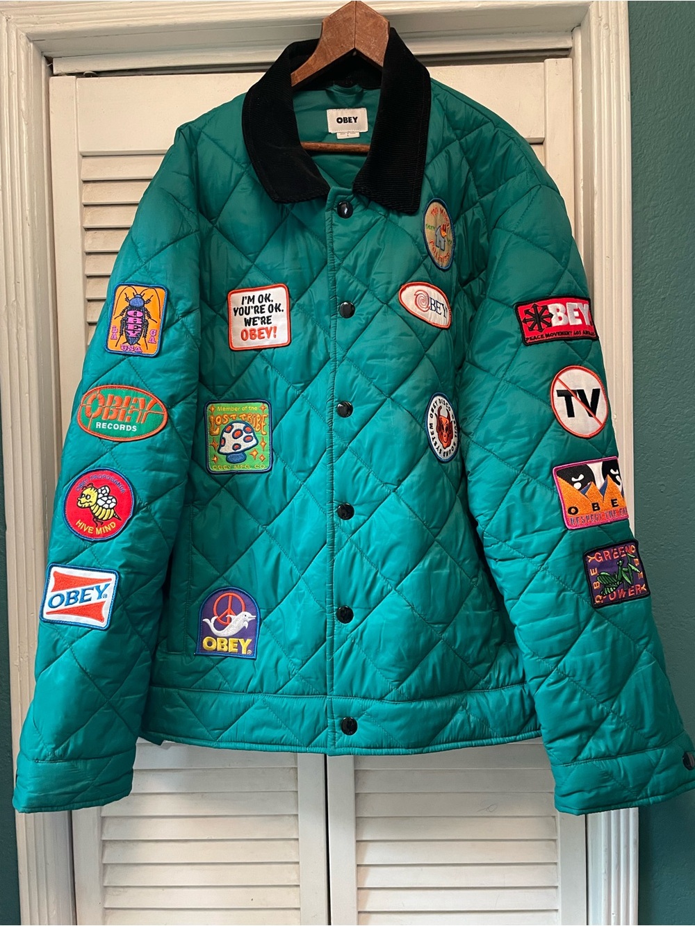 Obey Teal Quilted Patchwork Jacket with Black Corduroy Collar